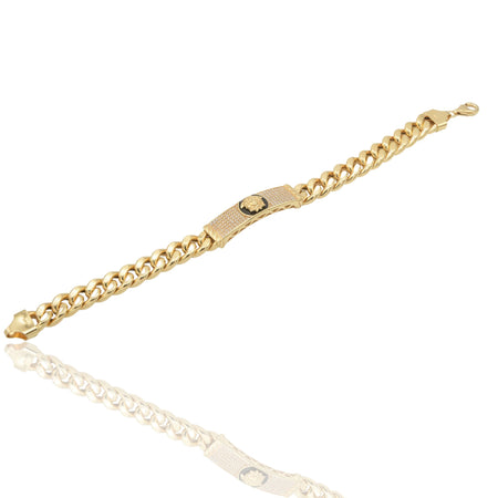 Bracciale Oro Giallo Oro 18 carati Groumette Con Targa E Medusa Zirconi Bianchi, Smalto Nero 