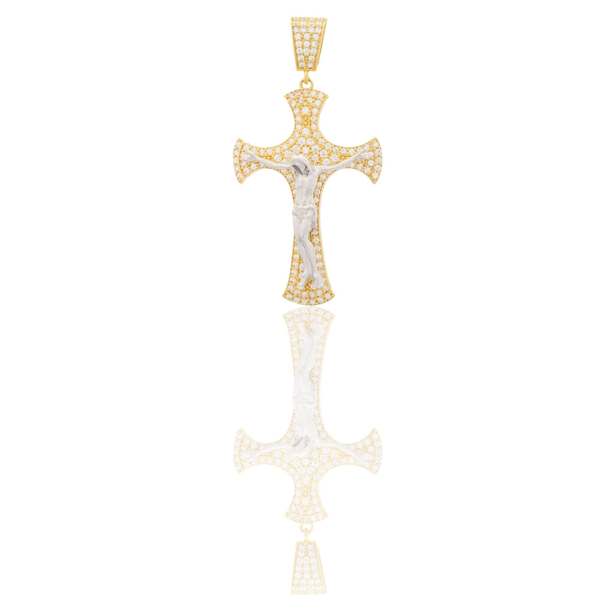 Ciondolo Oro Giallo, Oro Bianco Oro 18 carati Croce A Ventaglio Con Cristo Zirconi Bianchi 