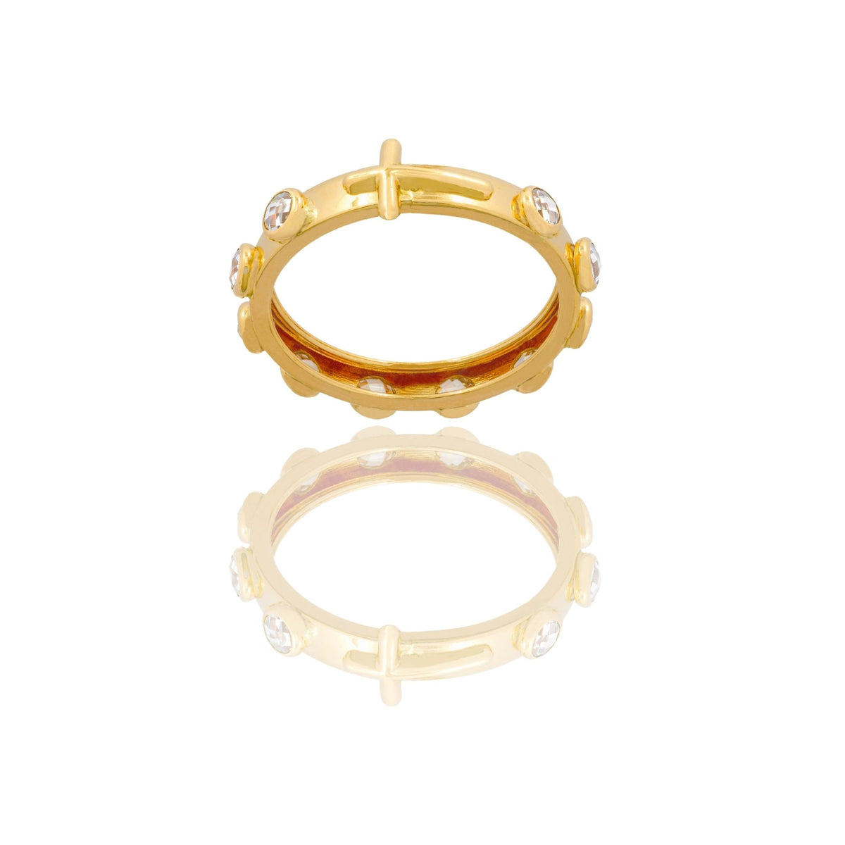 Anello Oro Giallo Oro 18 carati Rosario  Con Croce Zirconi Bianchi spessore gambo 3,4 mm , spessore pietre 3,6 