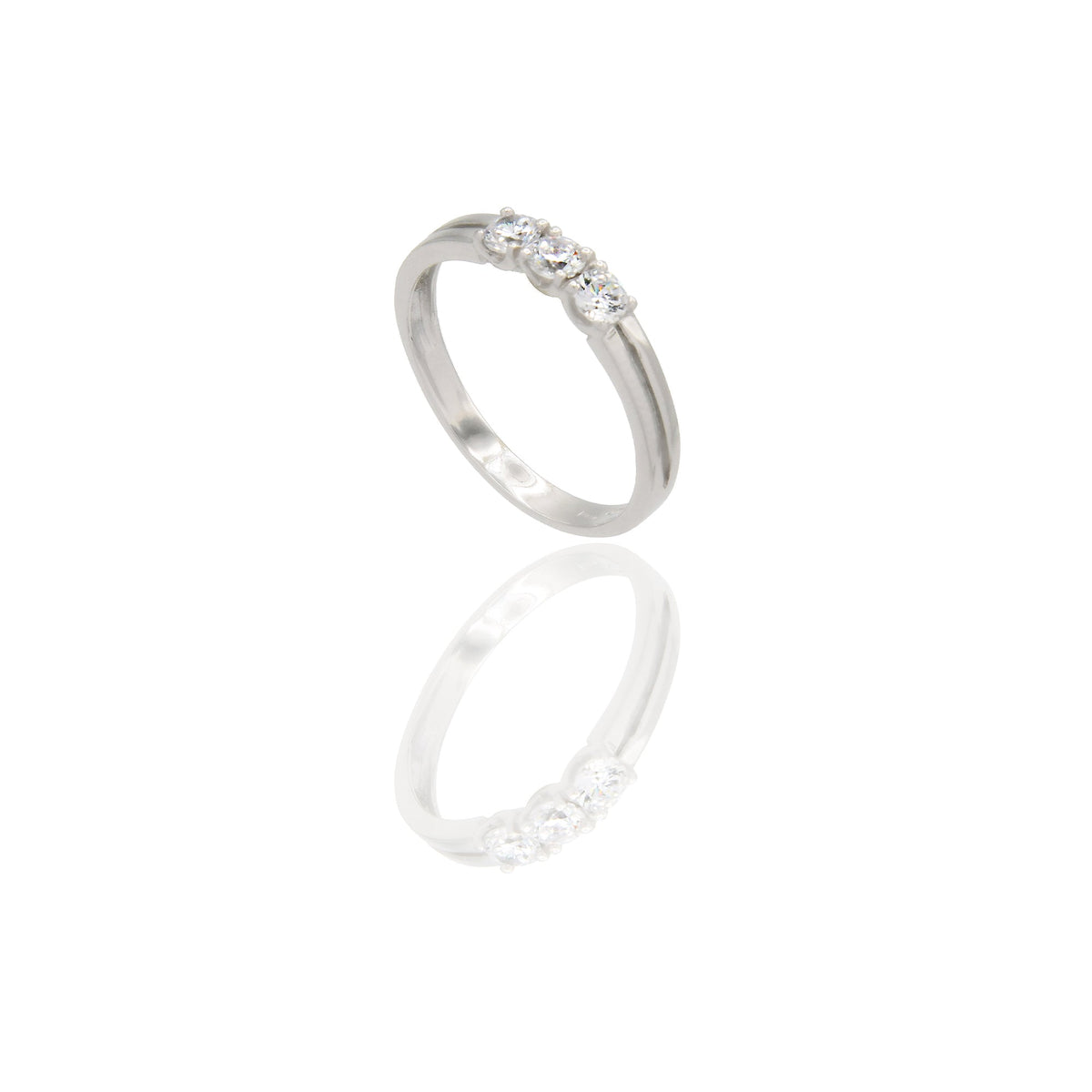 Anello Oro Bianco Oro 18 carati Trilogy doppio Gambo Zirconi Bianchi spessore gambo 2,3 mm , spessore pietra 3