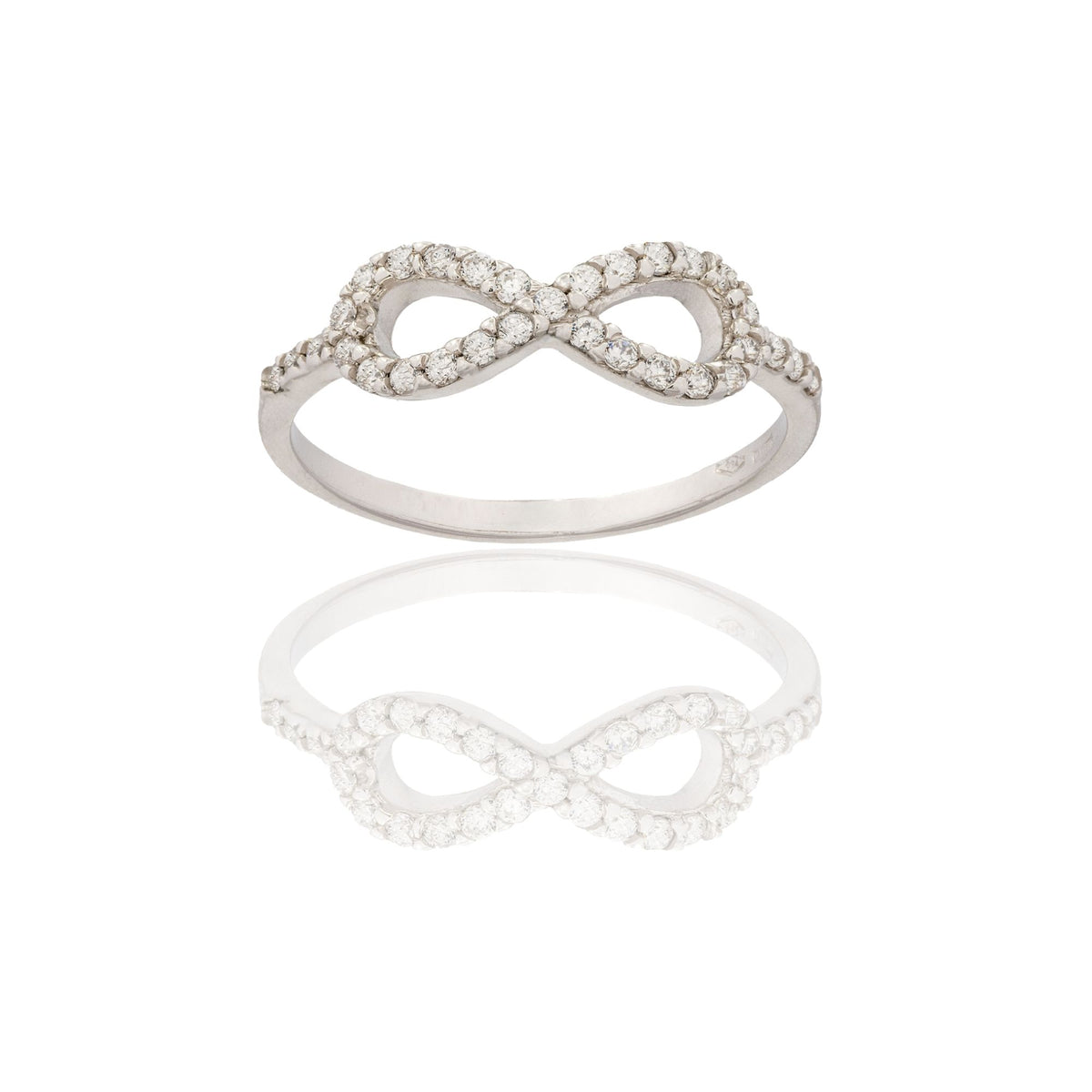 Anello Oro Bianco Oro 18 carati Simbolo Infinito Zirconi Bianchi spessore gambo 1,5 mm , spessore pietre 1,5