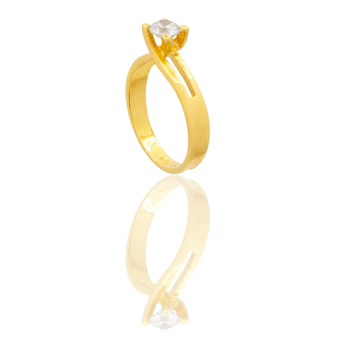 Anello Oro Giallo Oro 18 carati Solitario Gambo Forato Zircone Bianco