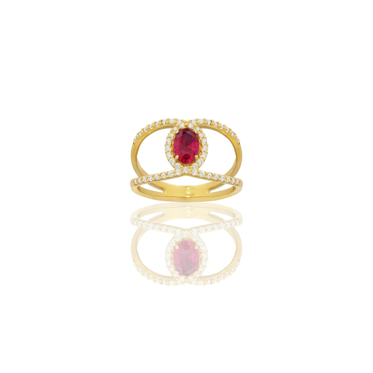 Anello Oro Giallo Oro 18 carati Fascia Vuota Con Pietra Centrale Ovale Zircone Rosso, Zirconi Bianchi spessore gambo 1,4 mm , spessore pietra 7x 5