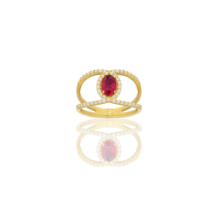 Anello Oro Giallo Oro 18 carati Fascia Vuota Con Pietra Centrale Ovale Zircone Rosso, Zirconi Bianchi spessore gambo 1,4 mm , spessore pietra 7x 5