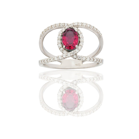 Anello Oro Bianco Oro 18 carati Fascia Vuota  Con Pietra Centrale Ovale  Zircone Rosso, Zirconi Bianchi spessore gambo 1,4 mm , spessore pietra 7x 5