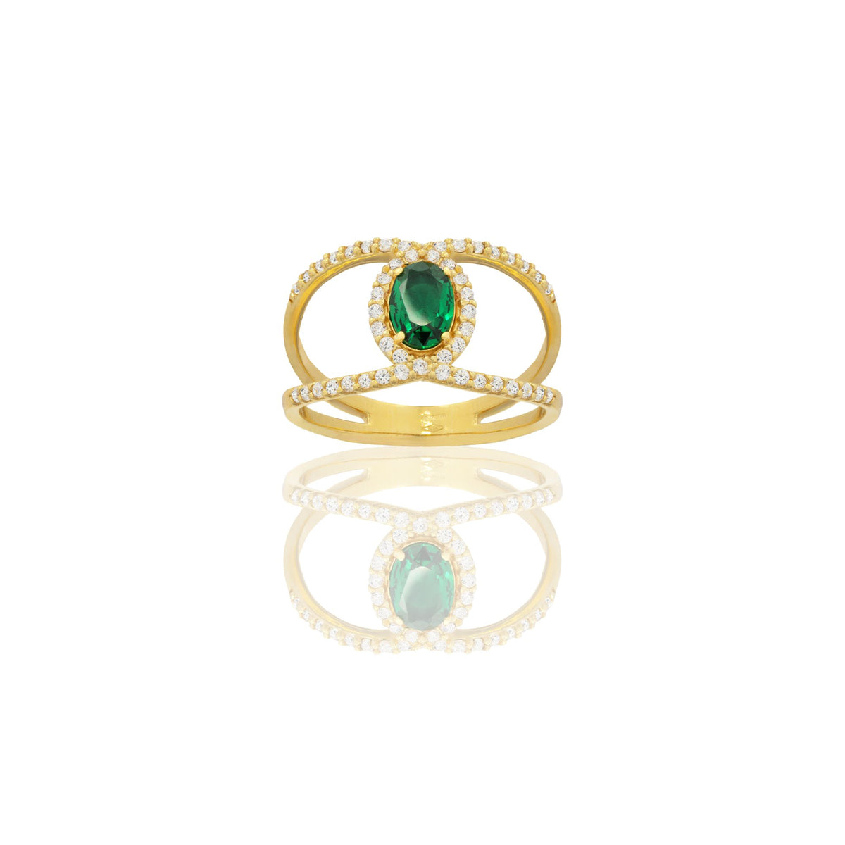 Anello Oro Giallo Oro 18 carati Fascia Vuota  Con Pietra Centrale Ovale  Zircone Verde, Zirconi Bianchi spessore gambo 1,4 mm , spessore pietra 7x 5