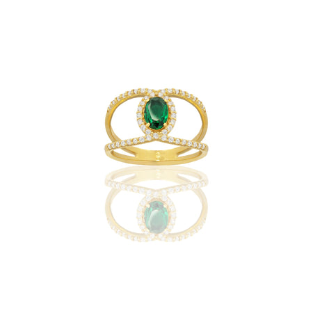 Anello Oro Giallo Oro 18 carati Fascia Vuota  Con Pietra Centrale Ovale  Zircone Verde, Zirconi Bianchi spessore gambo 1,4 mm , spessore pietra 7x 5