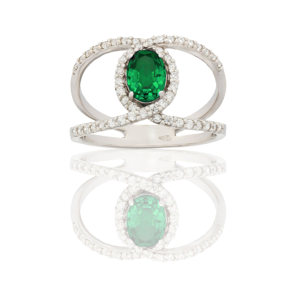 Anello Oro Bianco Oro 18 carati Fascia Vuota  Con Pietra Centrale Ovale  Zircone Verde, Zirconi Bianchi spessore gambo 1,4 mm , spessore pietra 7x 5