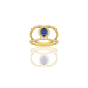 Anello Oro Giallo Oro 18 carati Fascia Vuota  Con Pietra Centrale Ovale  Zircone Blu, Zirconi Bianchi spessore gambo 1,4 mm , spessore pietra 7x 5