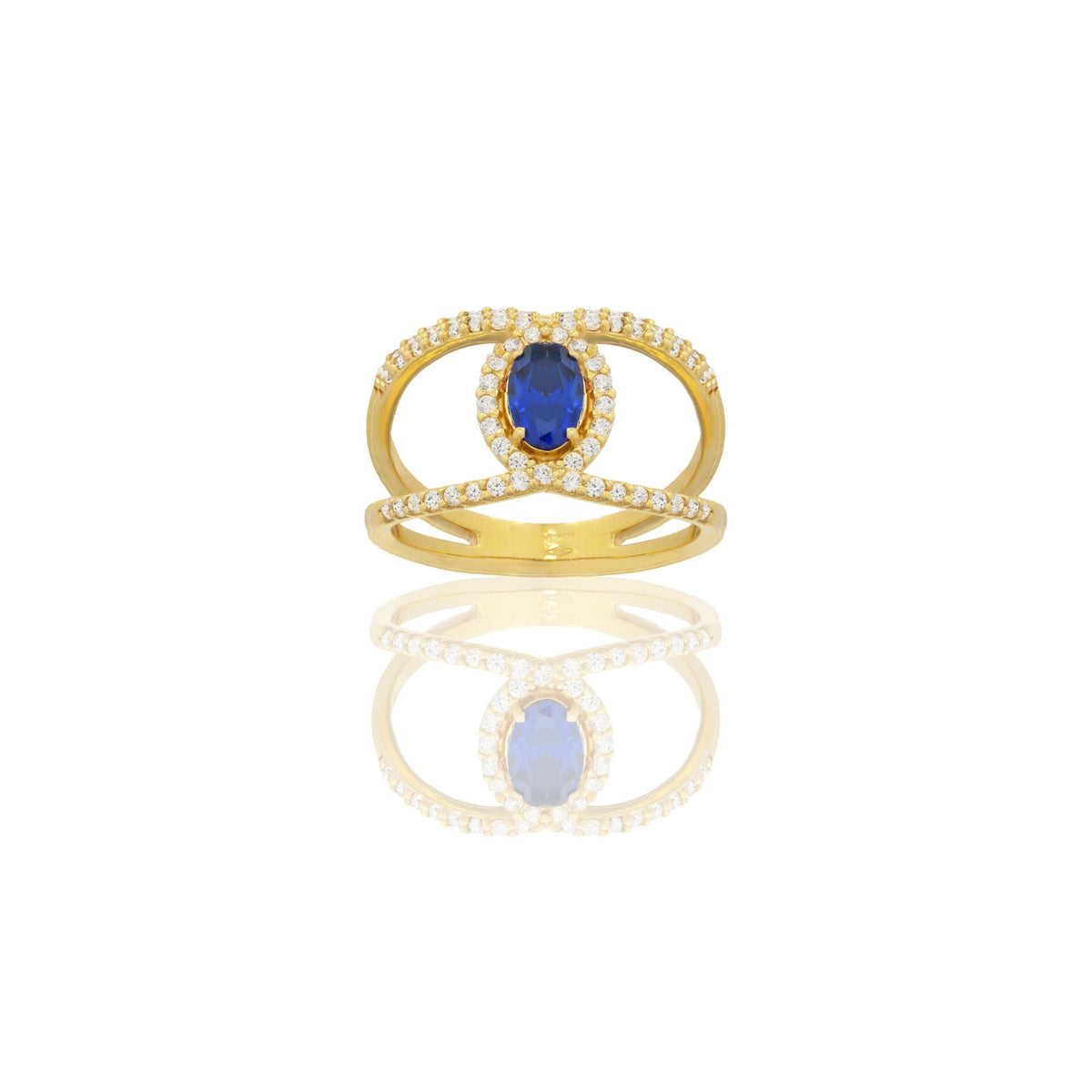 Anello Oro Giallo Oro 18 carati Fascia Vuota  Con Pietra Centrale Ovale  Zircone Blu, Zirconi Bianchi spessore gambo 1,4 mm , spessore pietra 7x 5