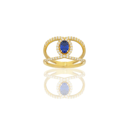 Anello Oro Giallo Oro 18 carati Fascia Vuota  Con Pietra Centrale Ovale  Zircone Blu, Zirconi Bianchi spessore gambo 1,4 mm , spessore pietra 7x 5