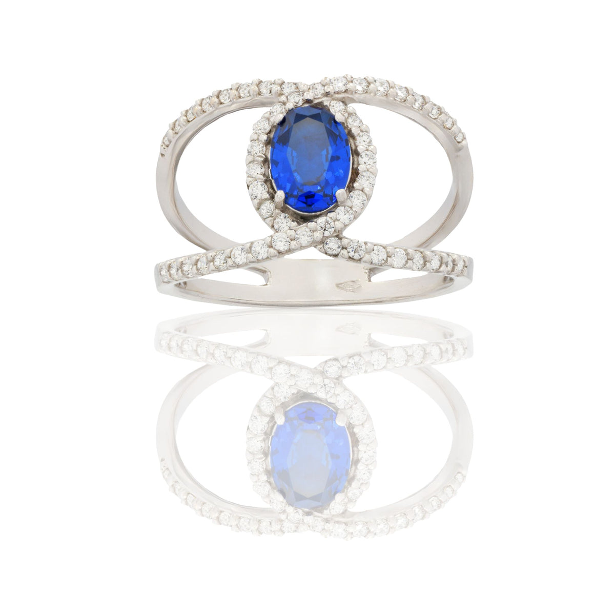Anello Oro Bianco Oro 18 carati Fascia Vuota  Con Pietra Centrale Ovale  Zircone Blu, Zirconi Bianchi spessore gambo 1,4 mm , spessore pietra 7x 5