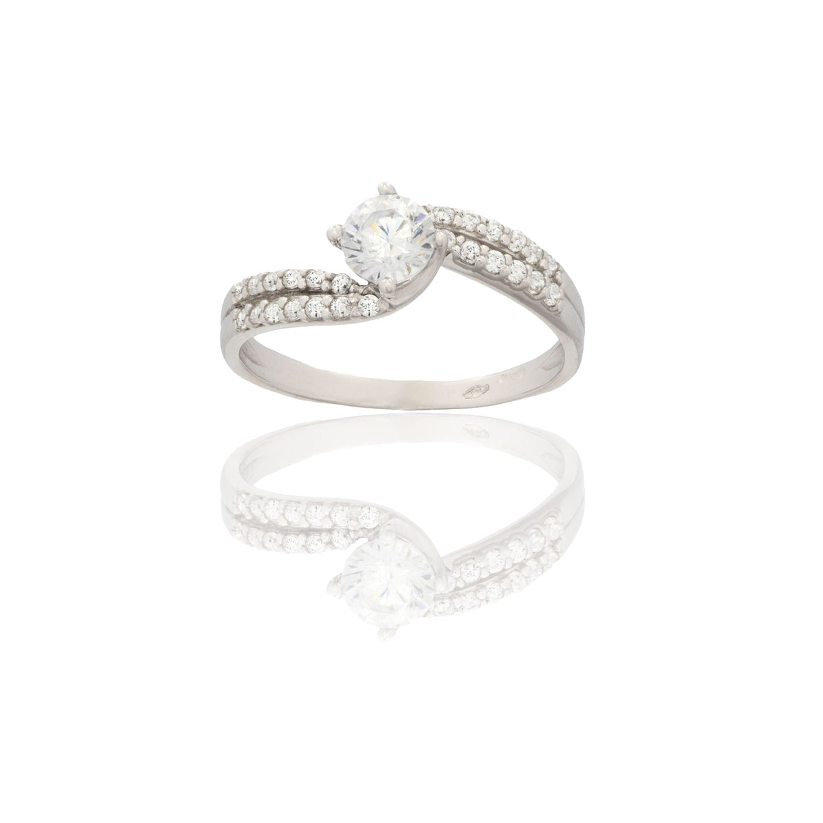 Anello Oro Bianco Oro 18 carati Solitario Doppio Gambo Zirconi Bianchi