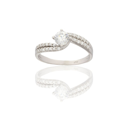 Anello Oro Bianco Oro 18 carati Solitario Doppio Gambo Zirconi Bianchi