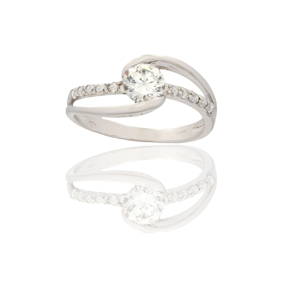 Anello Oro Bianco Oro 18 carati Solitario Doppio Gambo Zirconi Bianchi 15