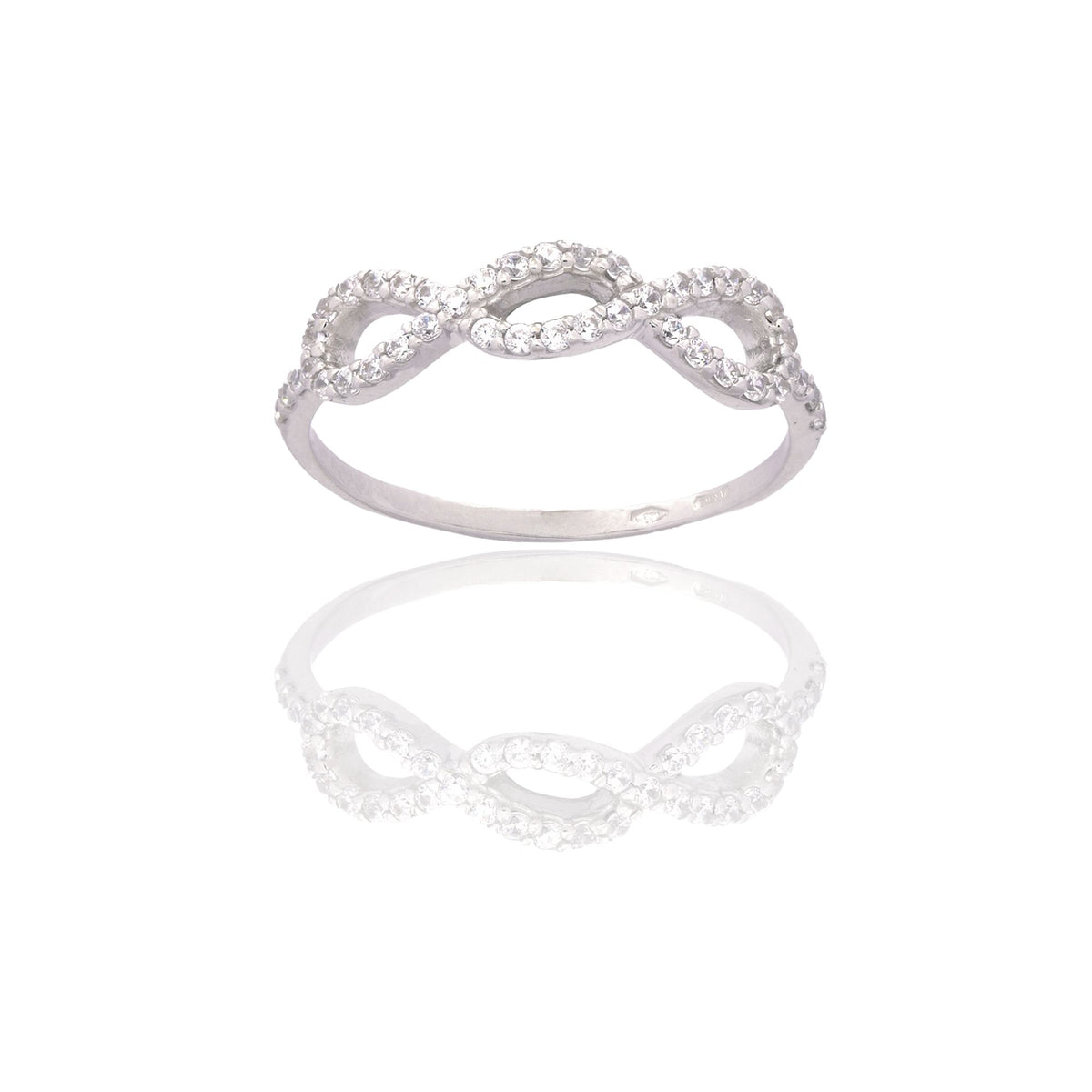 Anello Oro Bianco Oro 18 carati Simbolo Infinito Zirconi Bianchi spessore gambo 1,1 mm , spessore pietre 2,2