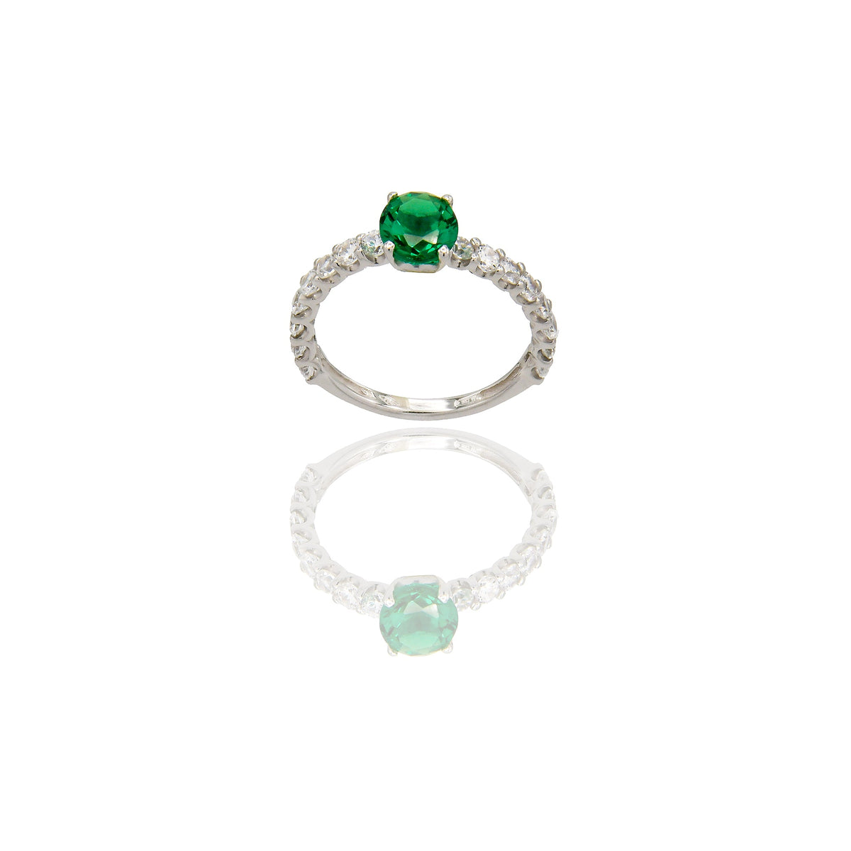 Anello Oro Bianco Oro 18 carati Mezza Veretta pietra centrale contorno pavè Zircone Verde bottiglia, Zirconi Bianchi Spessore pietra mm. 6 spessore pavè mm.2