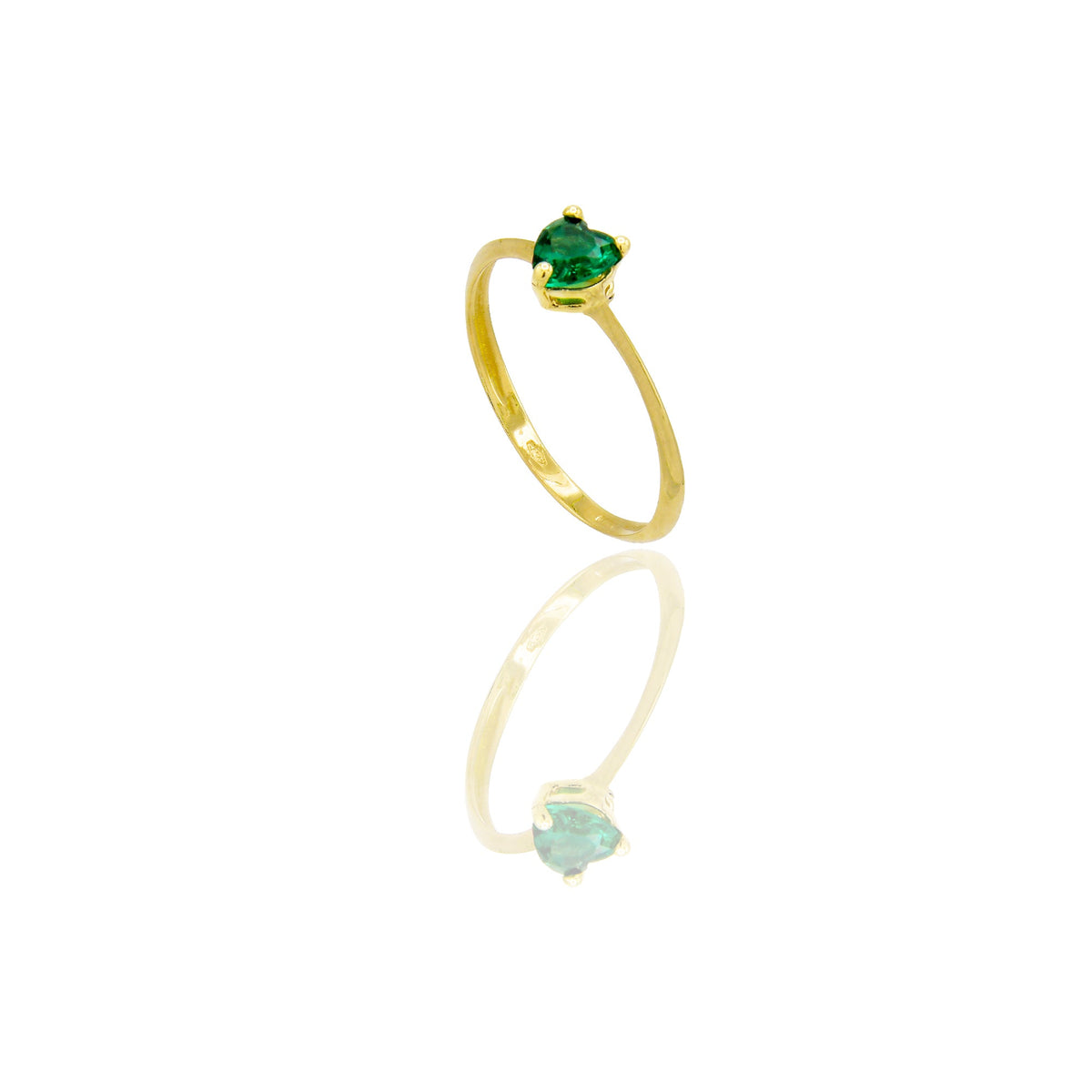 Anello Oro Giallo Oro 18 carati Solitario Cuore Zircone Verde spessore gambo 1 mm , spessore pietre 5,6