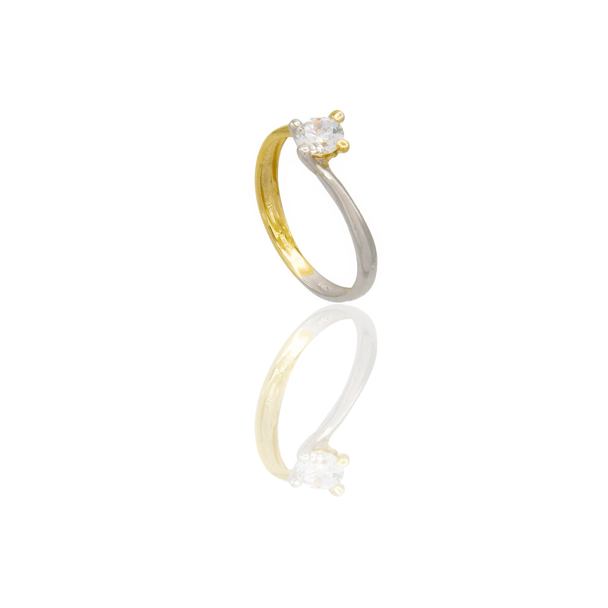 Anello Oro Giallo Oro Bianco Oro 18 carati Solitario 4 griffe Zircone Bianco spessore gambo 2,4 mm , spessore pietra 4,7