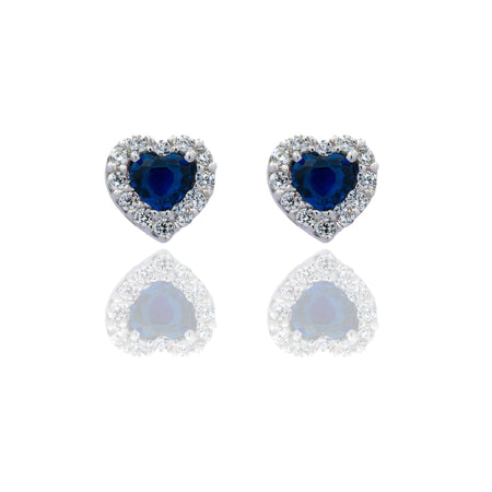 Orecchini Oro Bianco Oro 18 carati Toppa A Cuore Centro E Contorno Zircone Blu, Zirconi Bianchi 