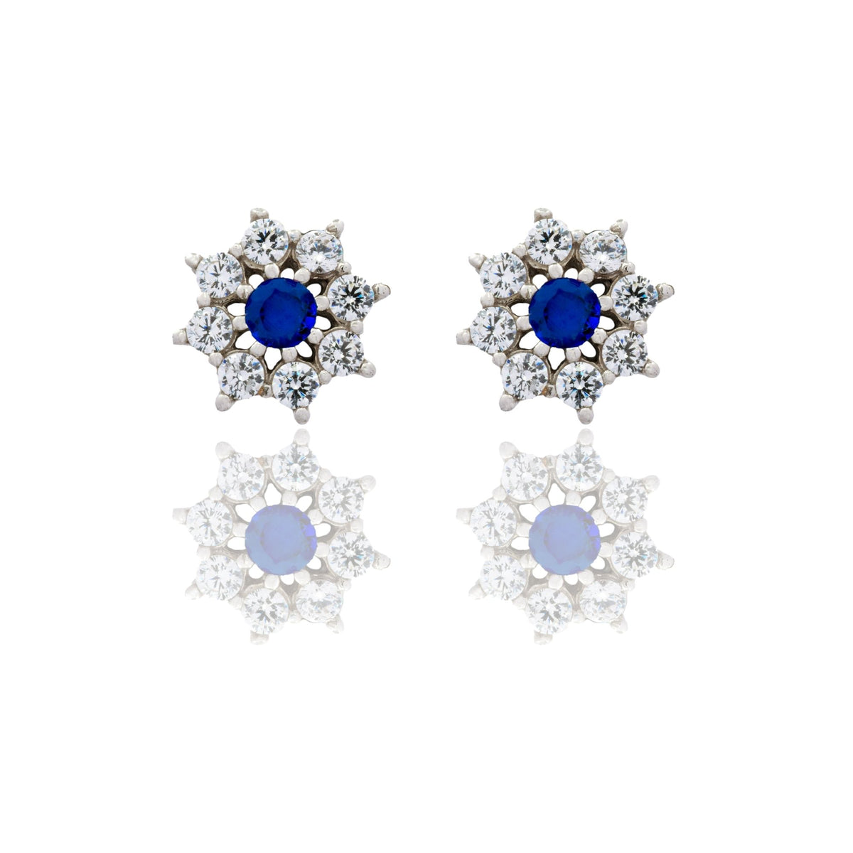 Orecchini Oro Bianco Oro 18 carati Toppa Fiore Centro E Contorno Zirconi Blu, Zirconi Bianchi 