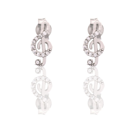 Orecchini Oro Bianco Oro 18 carati Chiave Di Violino Zirconi Bianchi