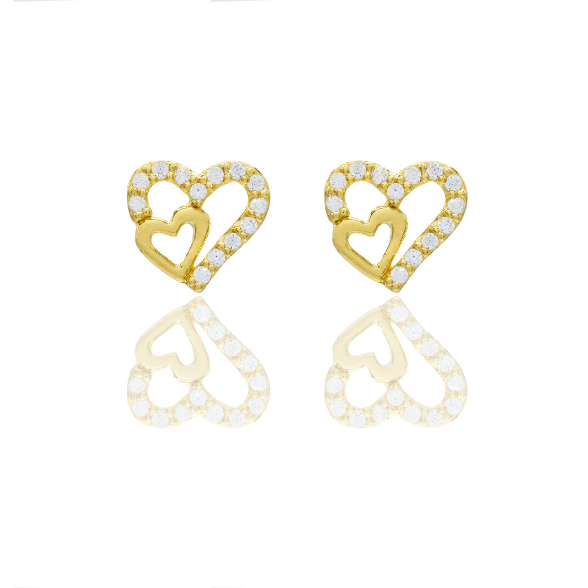 Orecchini Oro Giallo Oro 18 carati Contorno doppio cuore pavè Zirconi Bianchi lunghezza cm.0,80 larghezza cm.0,70