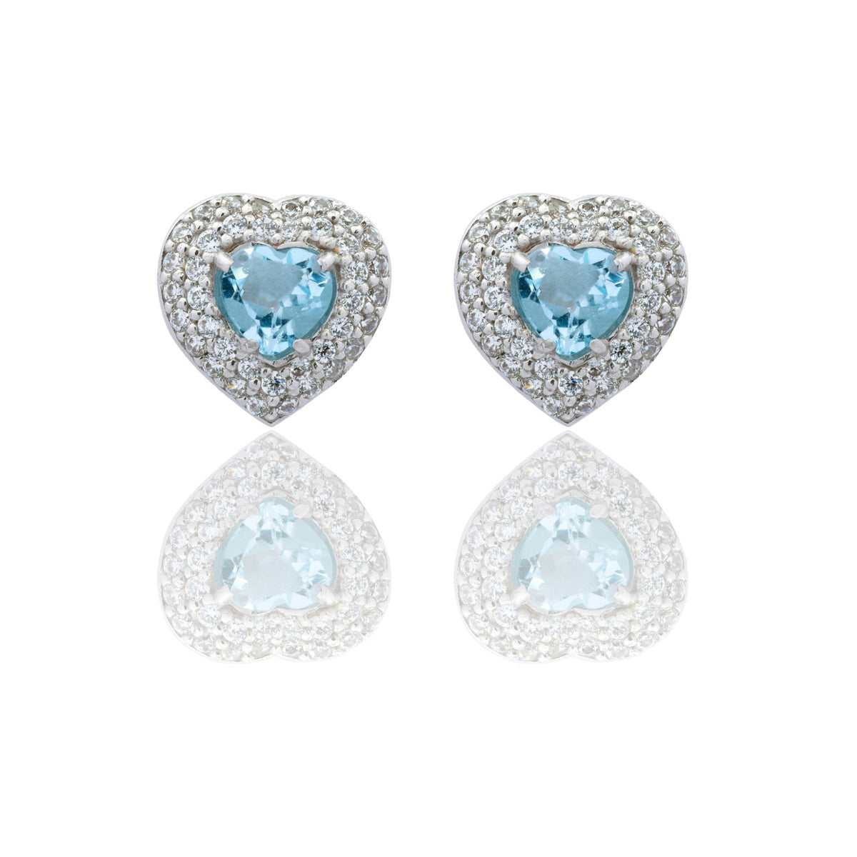 Orecchini Oro Bianco Oro 18 carati Cuore Con Doppio Contorno Zirconi Bianchi, Zircone Rosso 