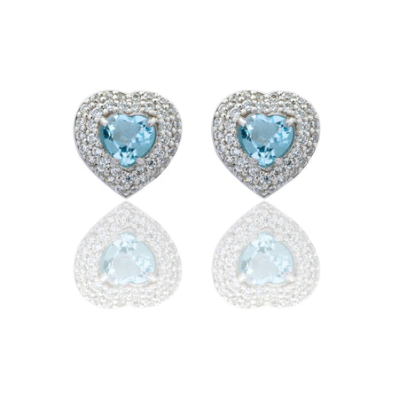 Orecchini Oro Bianco Oro 18 carati Cuore Con Doppio Contorno Zirconi Bianchi, Zircone Rosso 