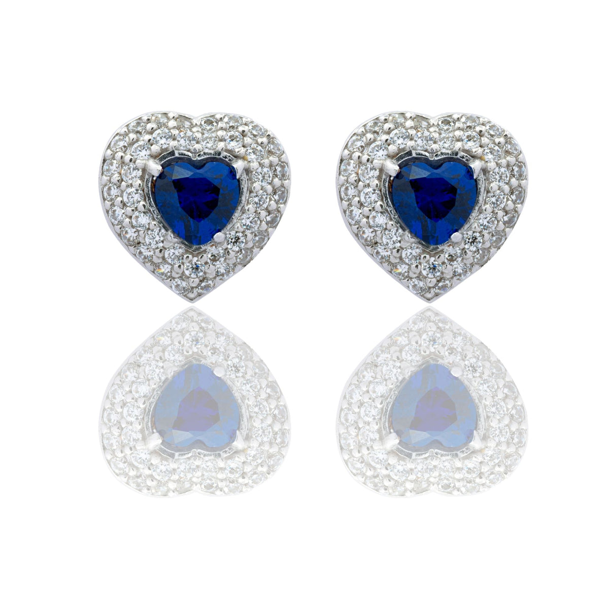 Orecchini Oro Bianco Oro 18 carati Cuore Con Doppio Contorno Zircone Blu, Zirconi Bianchi 