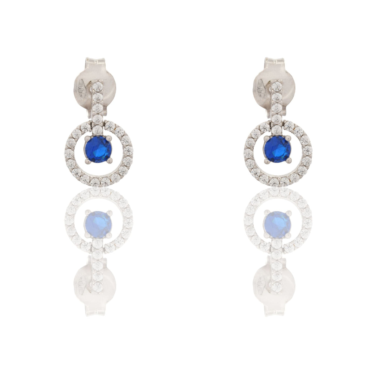 Orecchini Oro Bianco Oro 18 carati Cerchio Pendente Con Pietra Centrale Zircone Blu, Zirconi Bianchi 