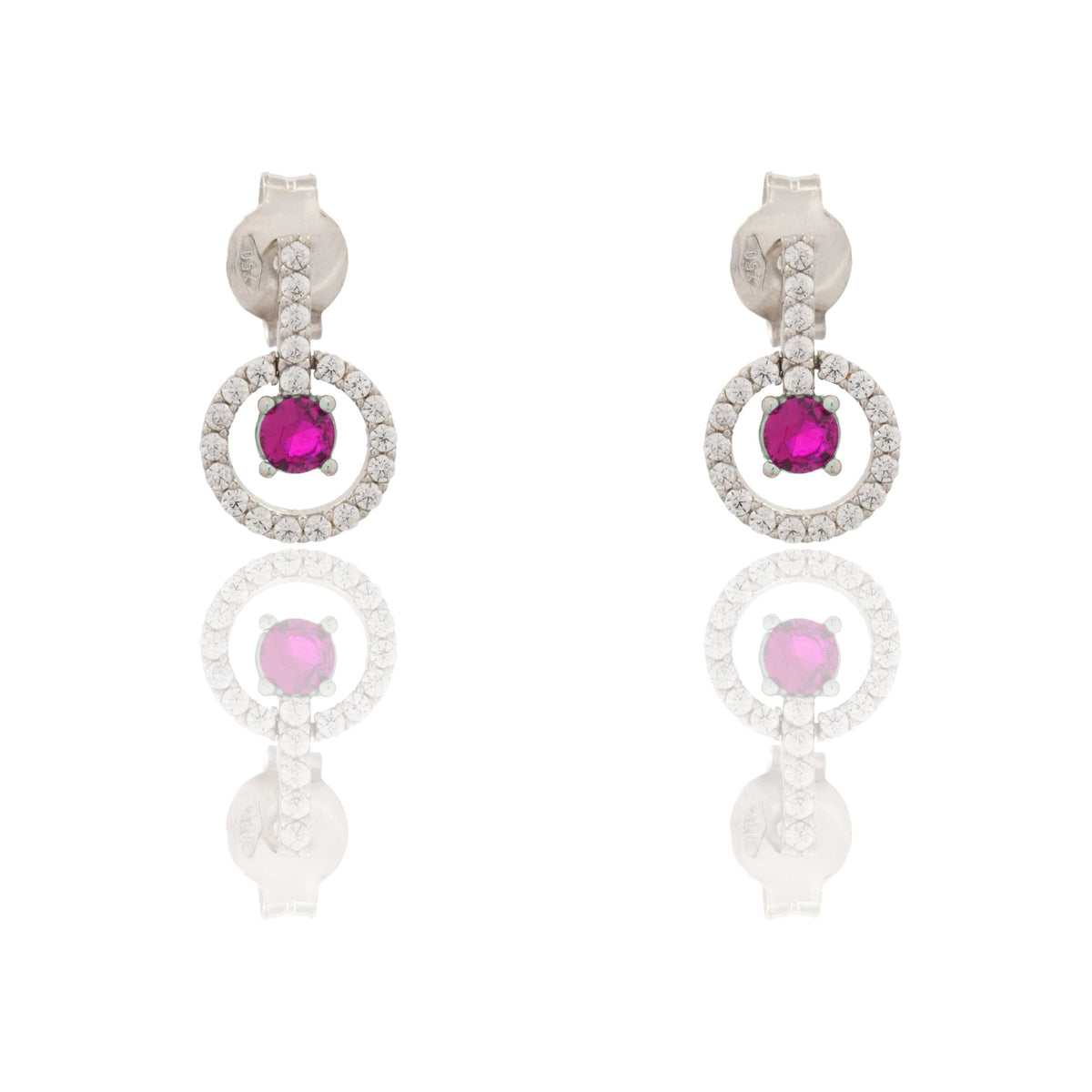 Orecchini Oro Bianco Oro 18 carati Cerchio Pendente Con Pietra Centrale Zircone Rosso, Zirconi Bianchi 