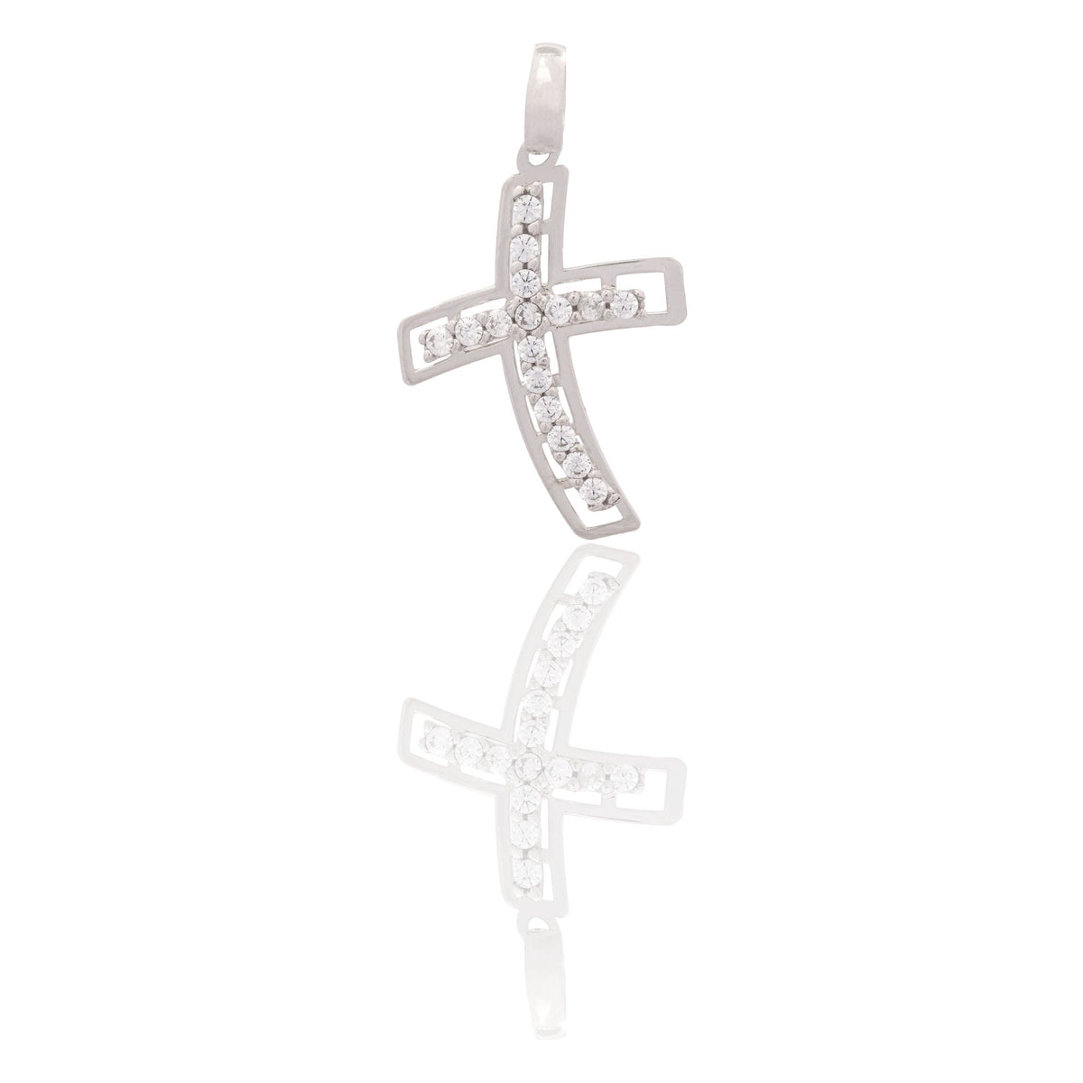 Ciondolo Oro Bianco Oro 18 carati Croce Storta Contorno Lucido Zirconi Bianchi cm.2,5 x 1,5