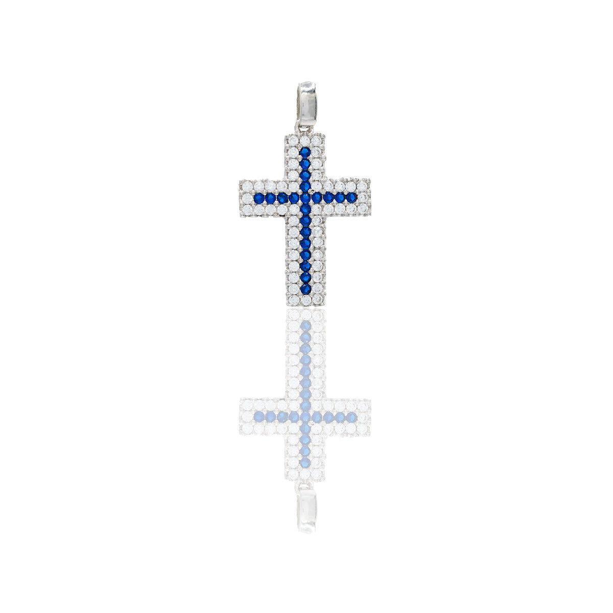 Ciondolo Oro Bianco Oro 18 carati Croce pavè Zirconi Bianchi, Zirconi blu lunghezza cm. 2,5 larghezza cm. 1,5