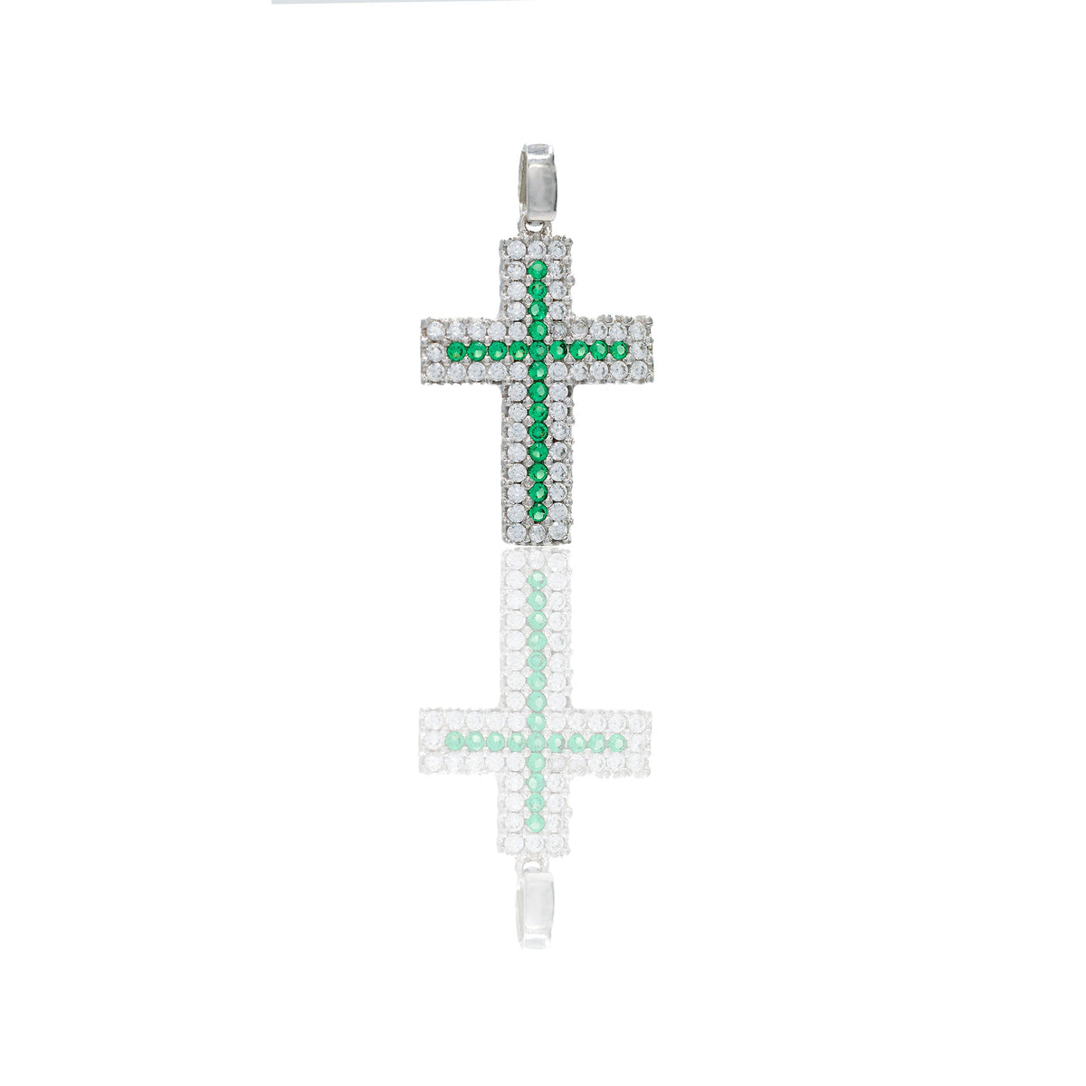 Ciondolo Oro Bianco Oro 18 carati Croce pavè Zirconi Verdi, Zirconi Bianchi lunghezza cm. 2,5 larghezza cm. 1,5