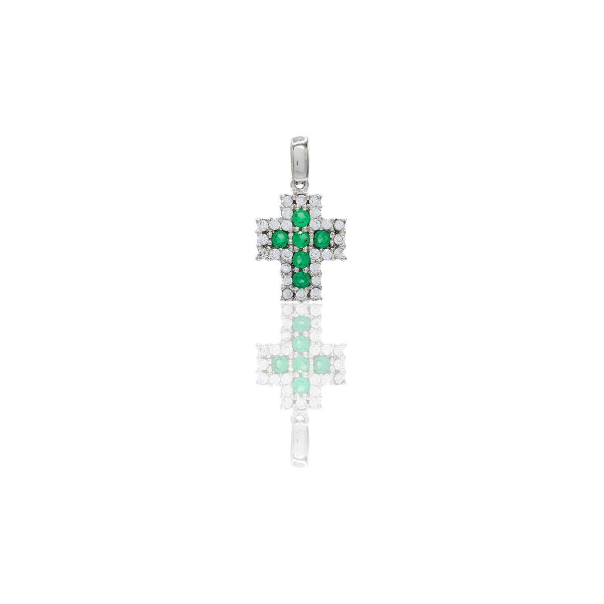 Ciondolo Oro Bianco Oro 18 carati Croce pavè Zirconi Verdi, Zirconi Bianchi lunghezza cm. 1,8 larghezza cm. 1,0