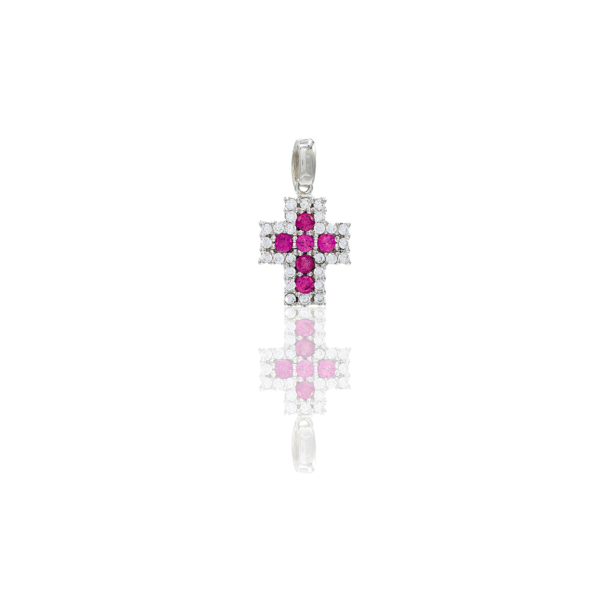 Ciondolo Oro Bianco Oro 18 carati Croce pavè Zirconi Bianchi, Zirconi Rossi lunghezza cm. 1,8 larghezza cm. 1,0