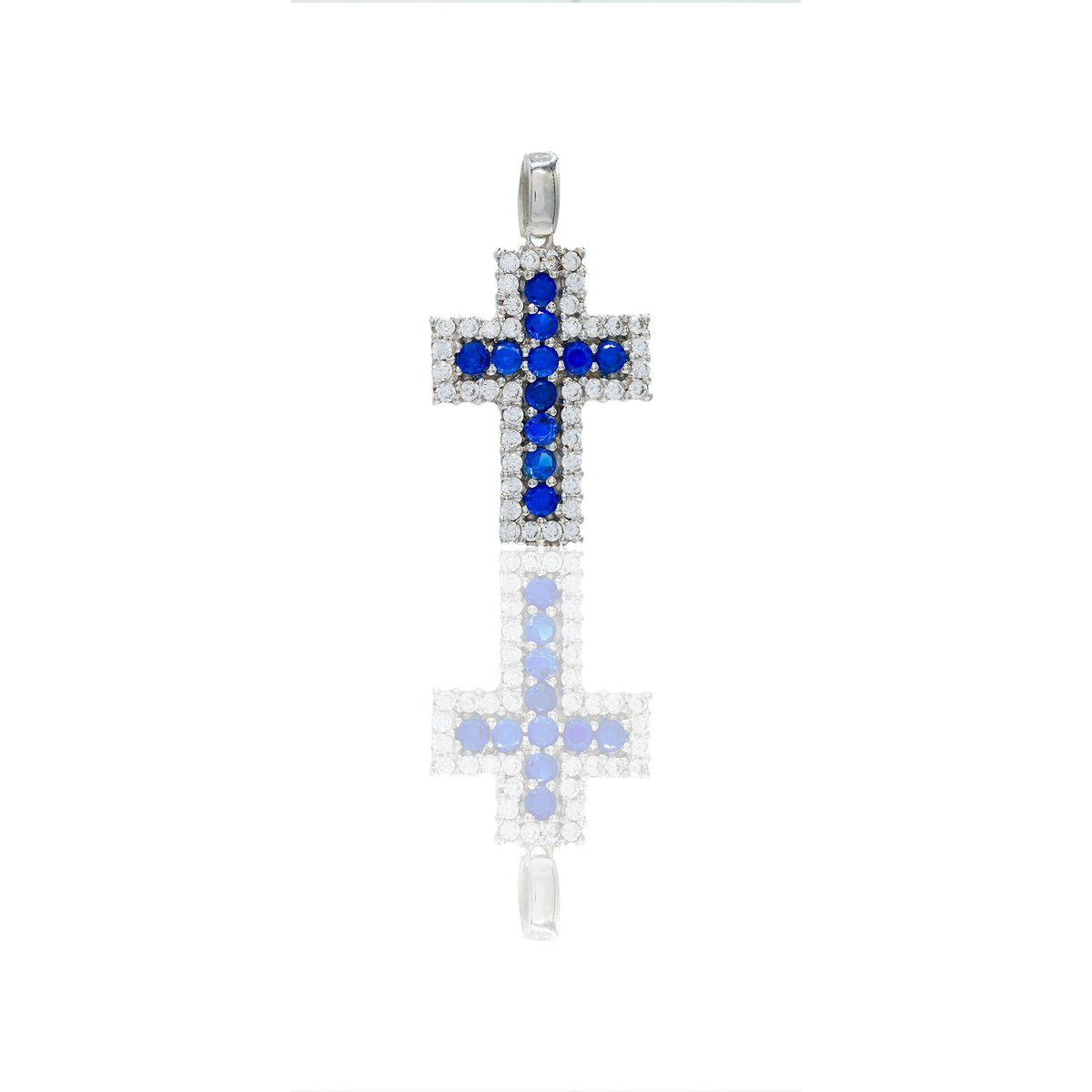 Ciondolo Oro Bianco Oro 18 carati Croce pavè Zirconi Bianchi, Zirconi blu lunghezza cm. 2,4 larghezza cm. 1,5