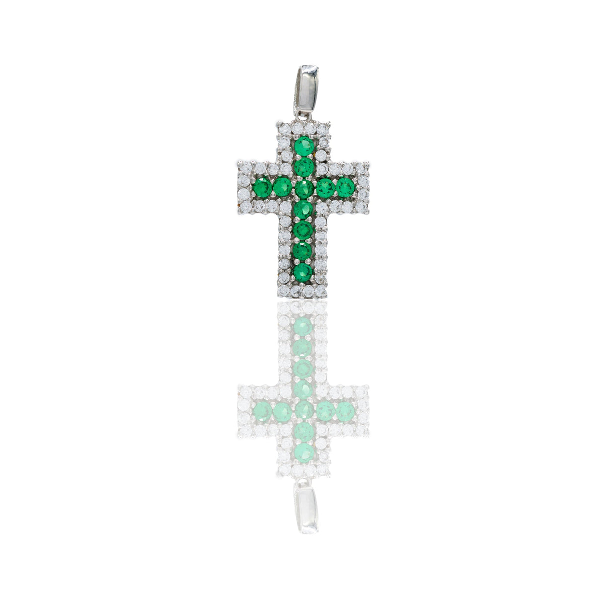 Ciondolo Oro Bianco Oro 18 carati Croce pavè Zirconi Verdi, Zirconi Bianchi lunghezza cm. 2,4 larghezza cm. 1,5
