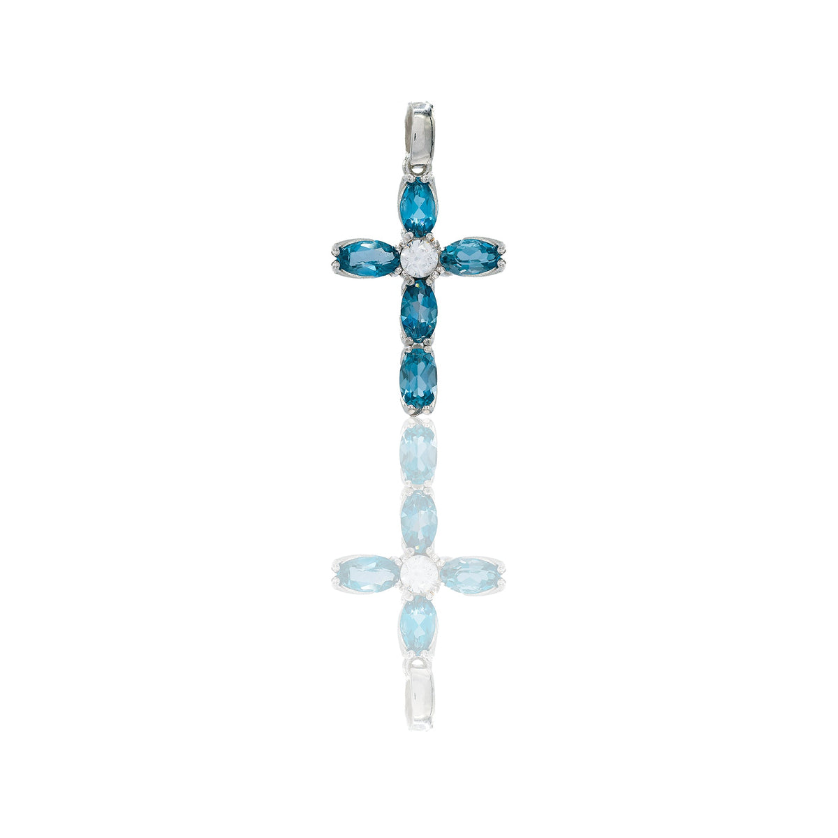 Ciondolo Oro Bianco Oro 18 carati Croce pavè Zirconi blu, Zircone Bianco lunghezza cm. 2,5 larghezza cm. 1,3