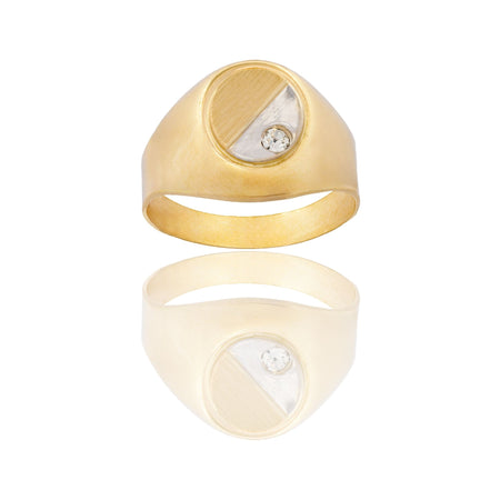 Anello Oro Giallo, Oro Bianco Oro 18 carati Uomo Scudo Tondo Zirconi Bianchi 