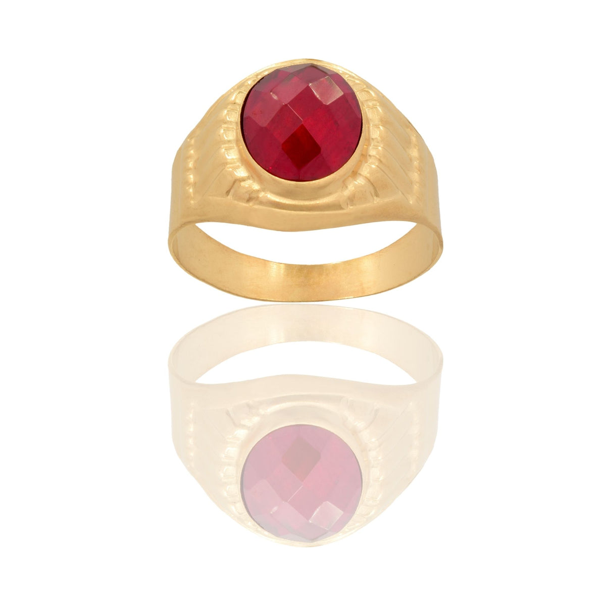 Anello Oro Giallo Oro 18 carati Uomo Scudo Tondo Pietra Rossa