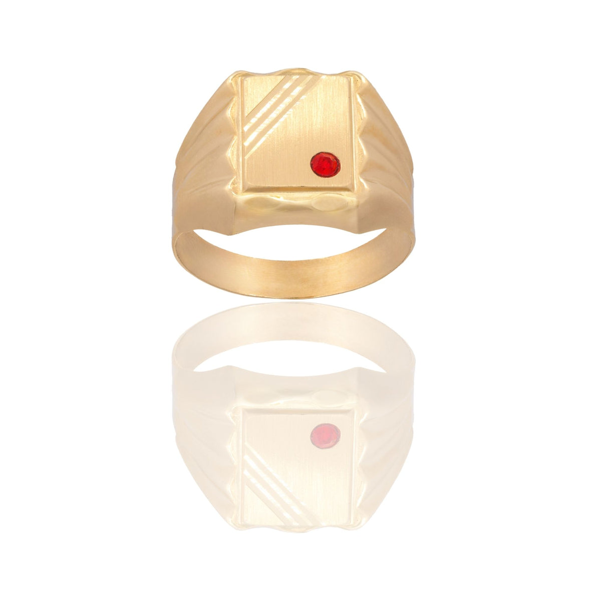 Anello Oro Giallo Oro 18 carati Uomo Scudo Quadrato Zircone Rosso
