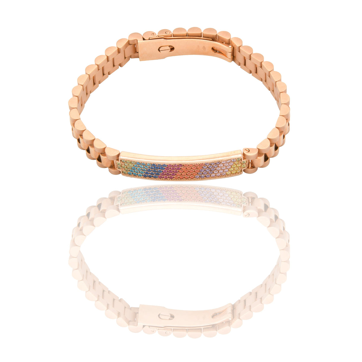 Bracciali Oro Rosa Oro 18 carati Maglia president con targa pave Zirconi Multicolor spessore 10mm