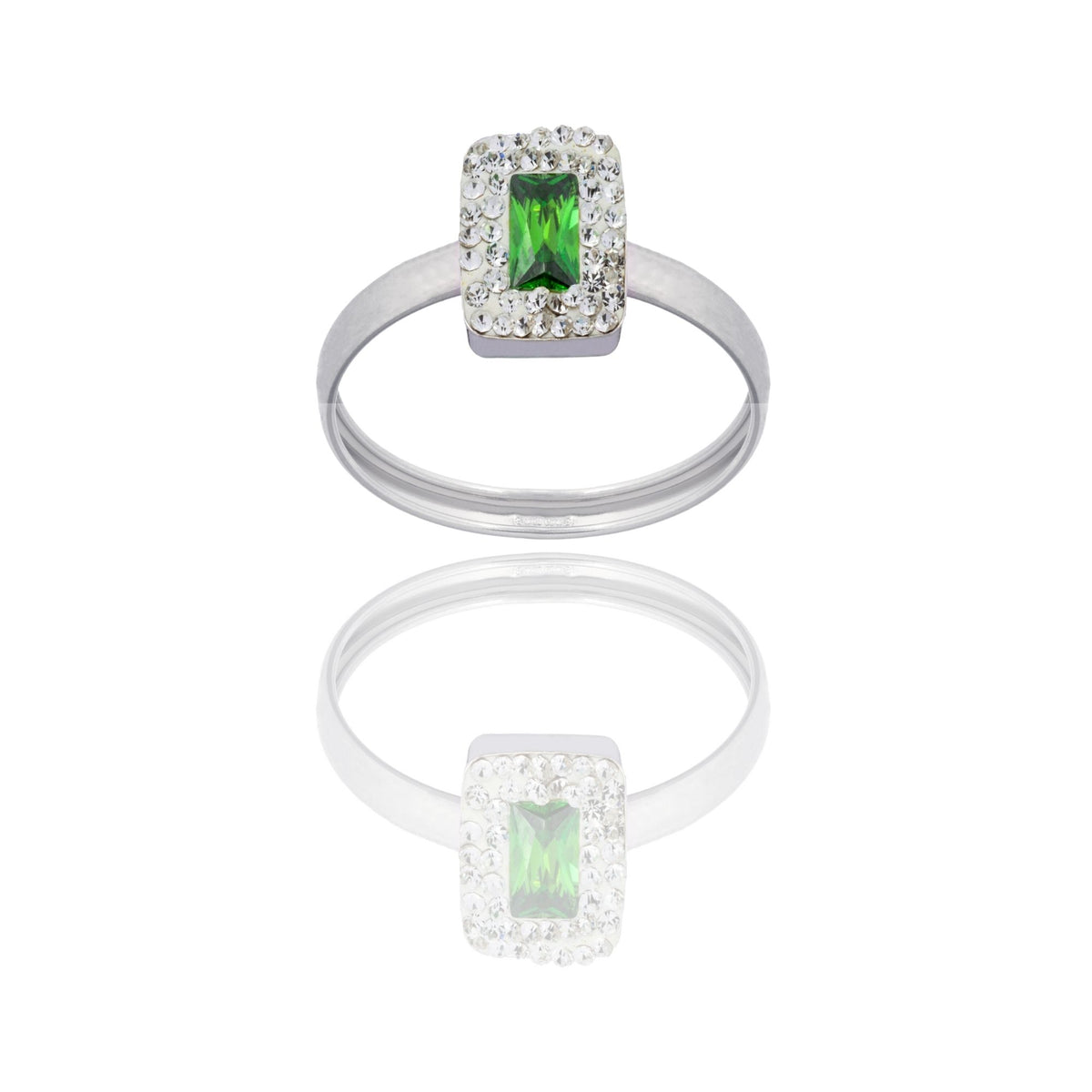 Anello Oro Bianco Oro 18 carati Rettangolo Centro E Contorno Zirconi Bianchi, Zircone Verde spessore gambo 1 mm , spessore pietre 7,5