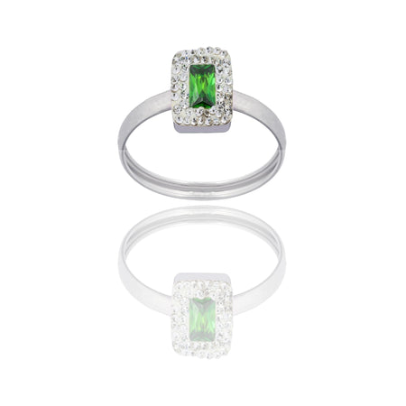 Anello Oro Bianco Oro 18 carati Rettangolo Centro E Contorno Zirconi Bianchi, Zircone Verde spessore gambo 1 mm , spessore pietre 7,5