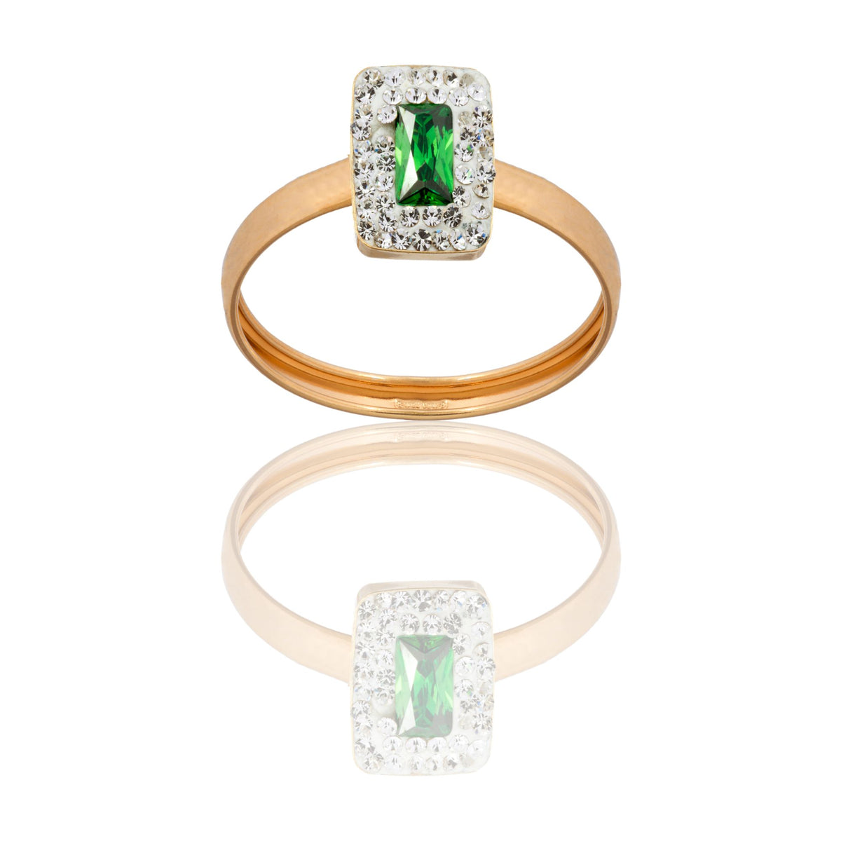 Anello Oro Giallo Oro 18 carati Rettangolo Centro E Contorno Zirconi Bianchi, Zircone Verde spessore gambo 1 mm , spessore pietre 7,5