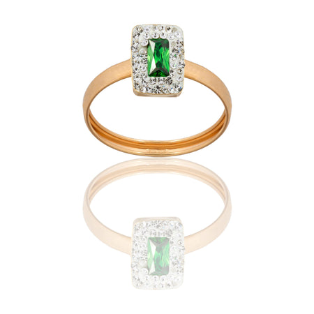 Anello Oro Giallo Oro 18 carati Rettangolo Centro E Contorno Zirconi Bianchi, Zircone Verde spessore gambo 1 mm , spessore pietre 7,5