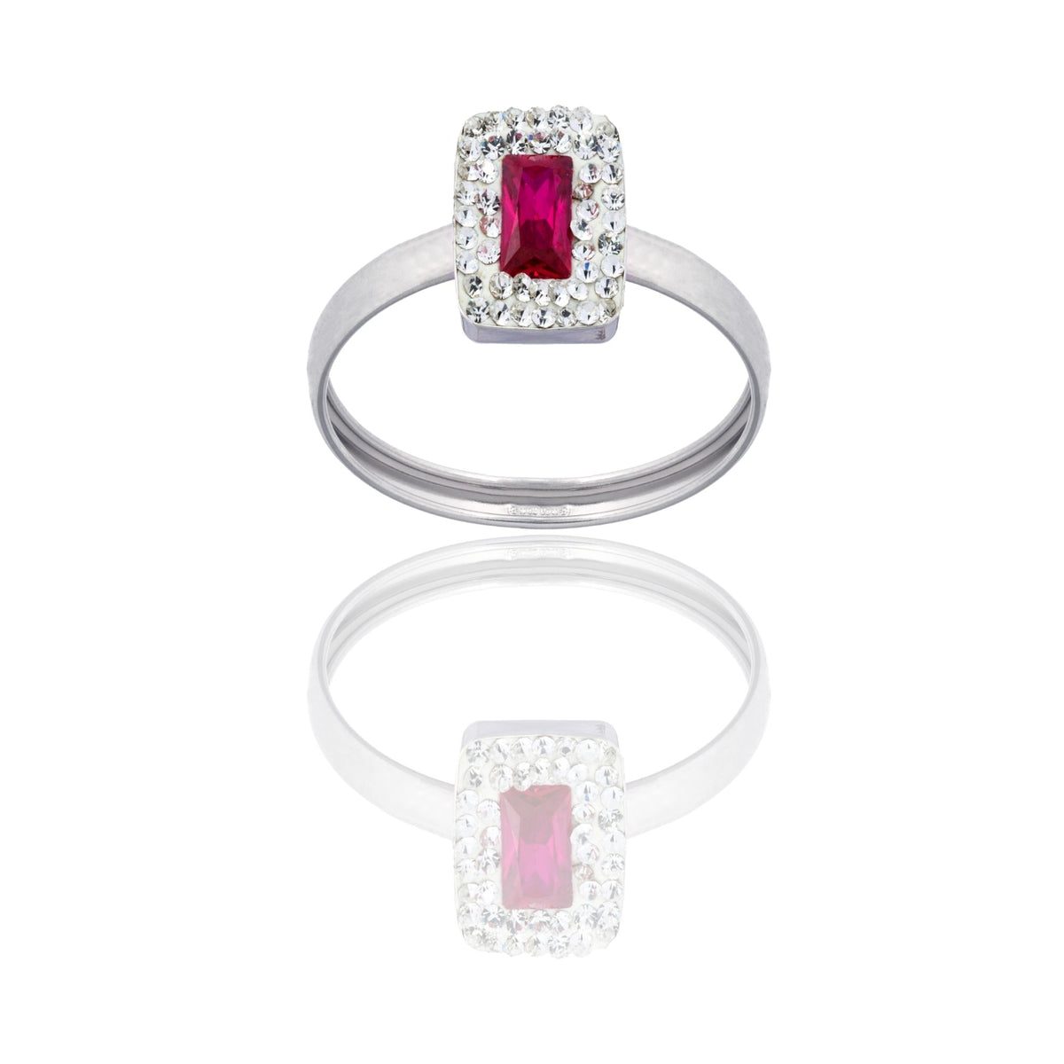 Anello Oro Bianco Oro 18 carati Rettangolo Centro E Contorno Zirconi Bianchi, Zircone Rosso spessore gambo 1 mm , spessore pietre 7,5