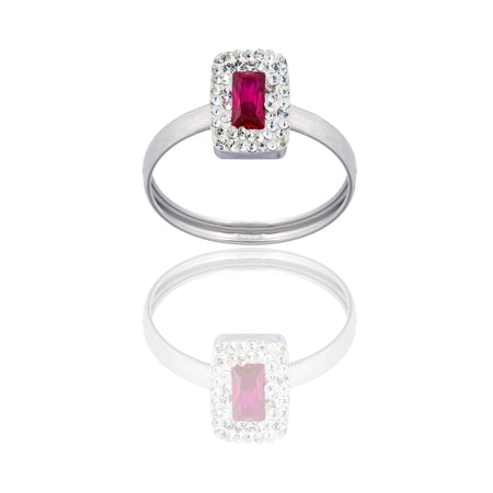 Anello Oro Bianco Oro 18 carati Rettangolo Centro E Contorno Zirconi Bianchi, Zircone Rosso spessore gambo 1 mm , spessore pietre 7,5